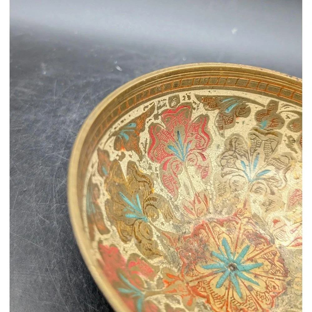 Vintage Hand Painted Brass Floral Bowl Footed Trinket Dish Red Turquoise Gold 3